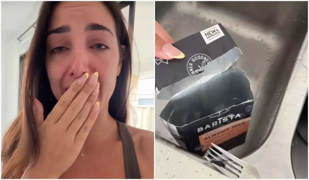 Ce se afla pe fundul unei cutii de lapte de migdale, de la supermarket. foto: capturi video TikTok